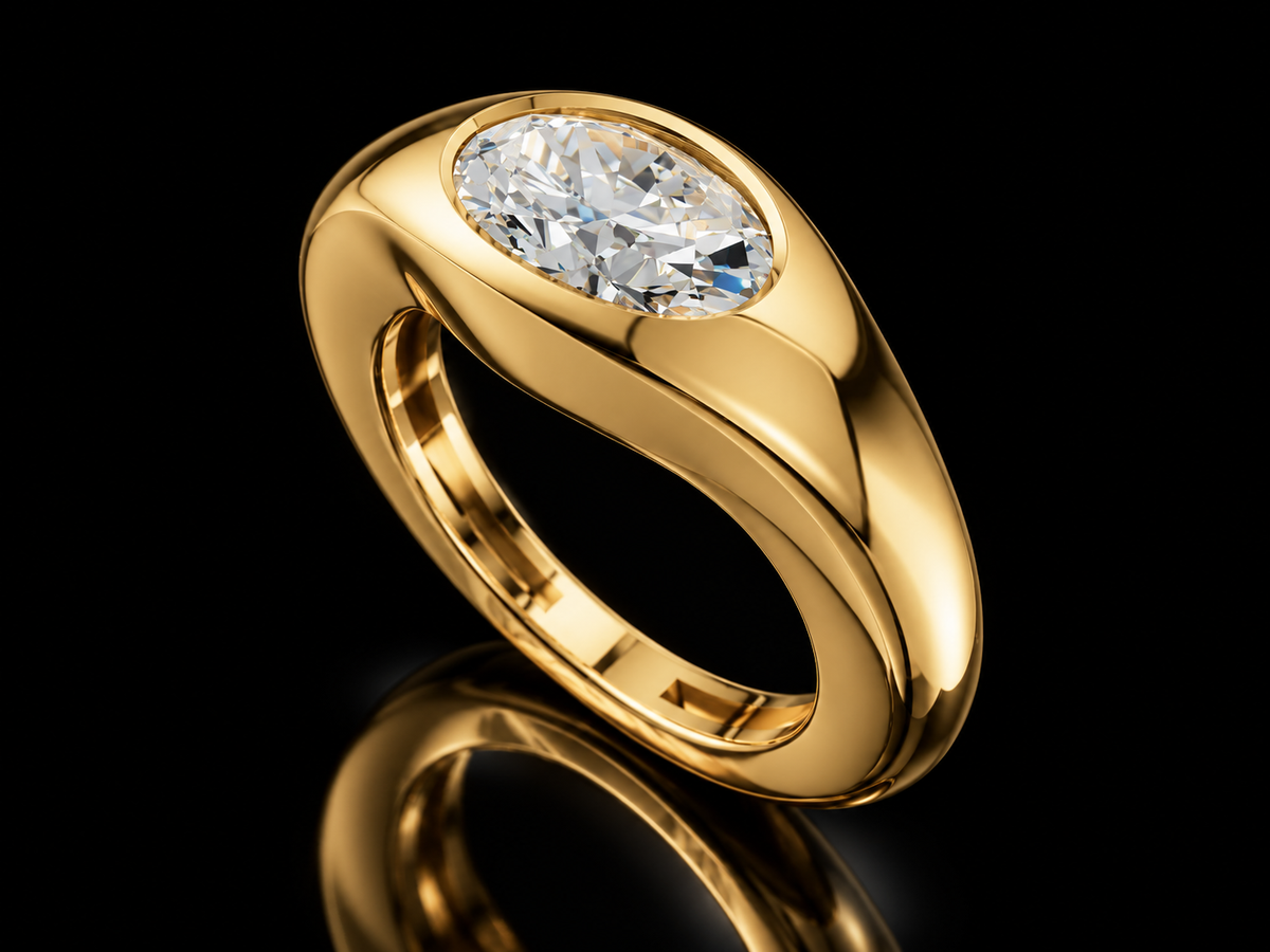 East-West oval lab-grown diamond signet ring in yellow gold — alternate view