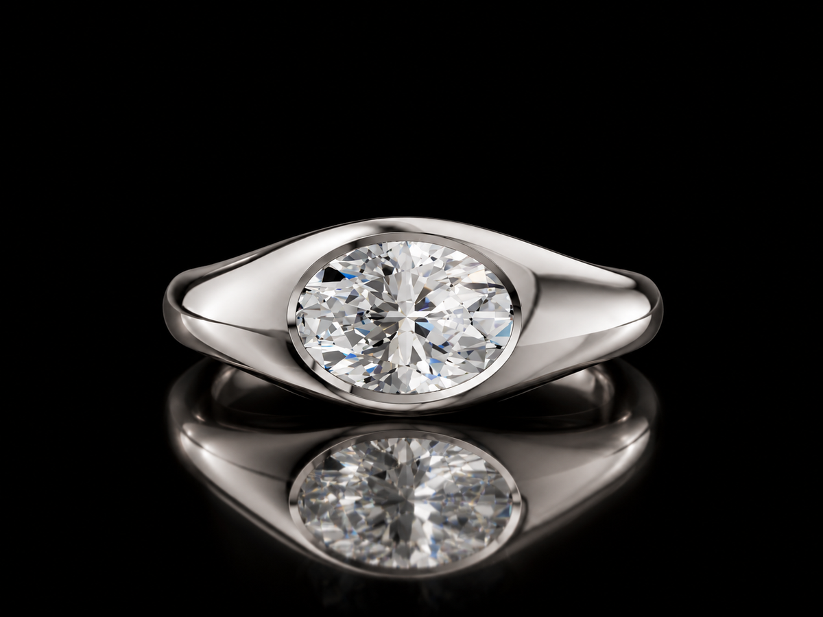 East-West oval lab-grown diamond signet ring in white gold