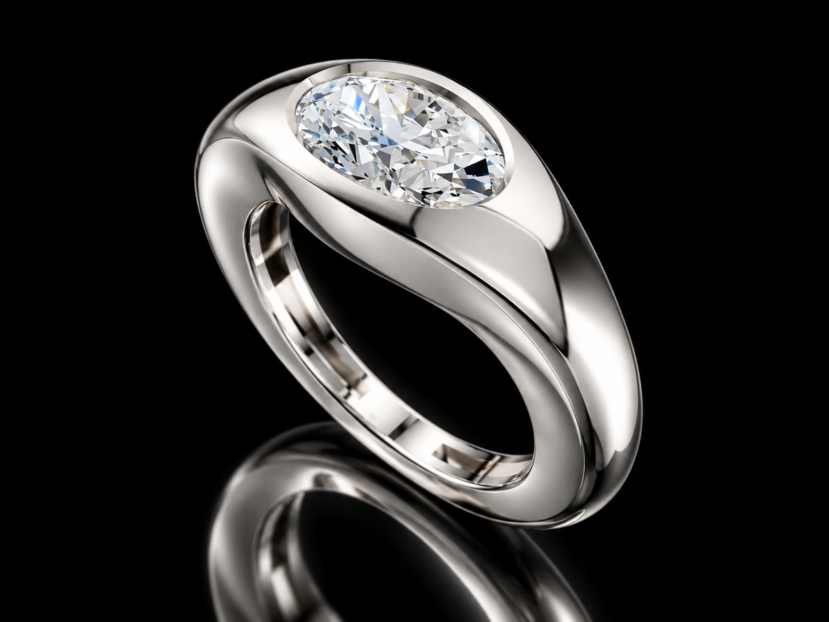 East-West oval lab-grown diamond signet ring in white gold — alternate view