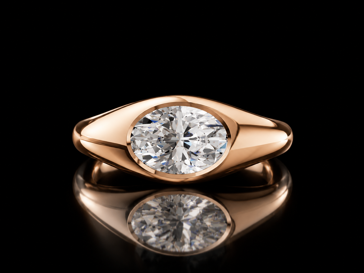 East-West oval lab-grown diamond signet ring in rose gold