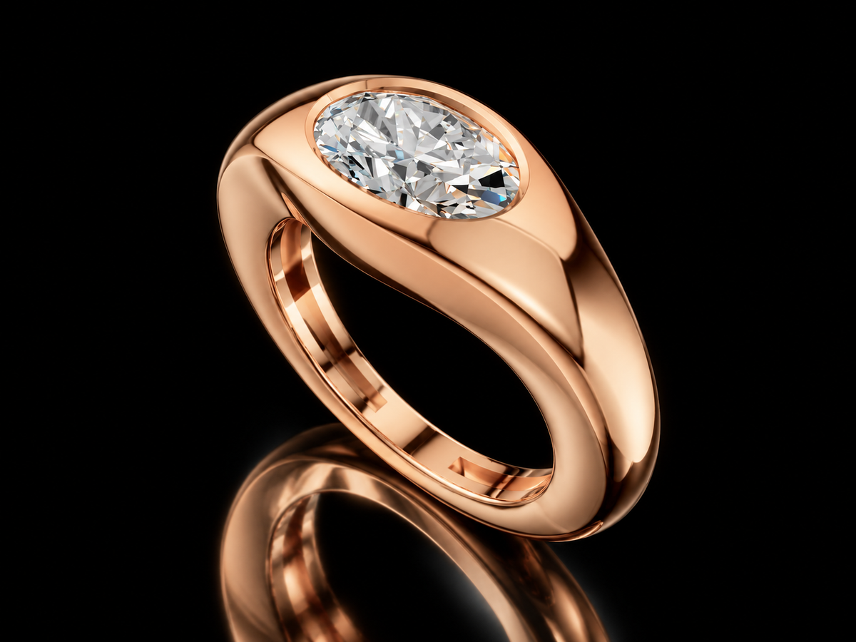 East-West oval lab-grown diamond signet ring in rose gold — alternate view