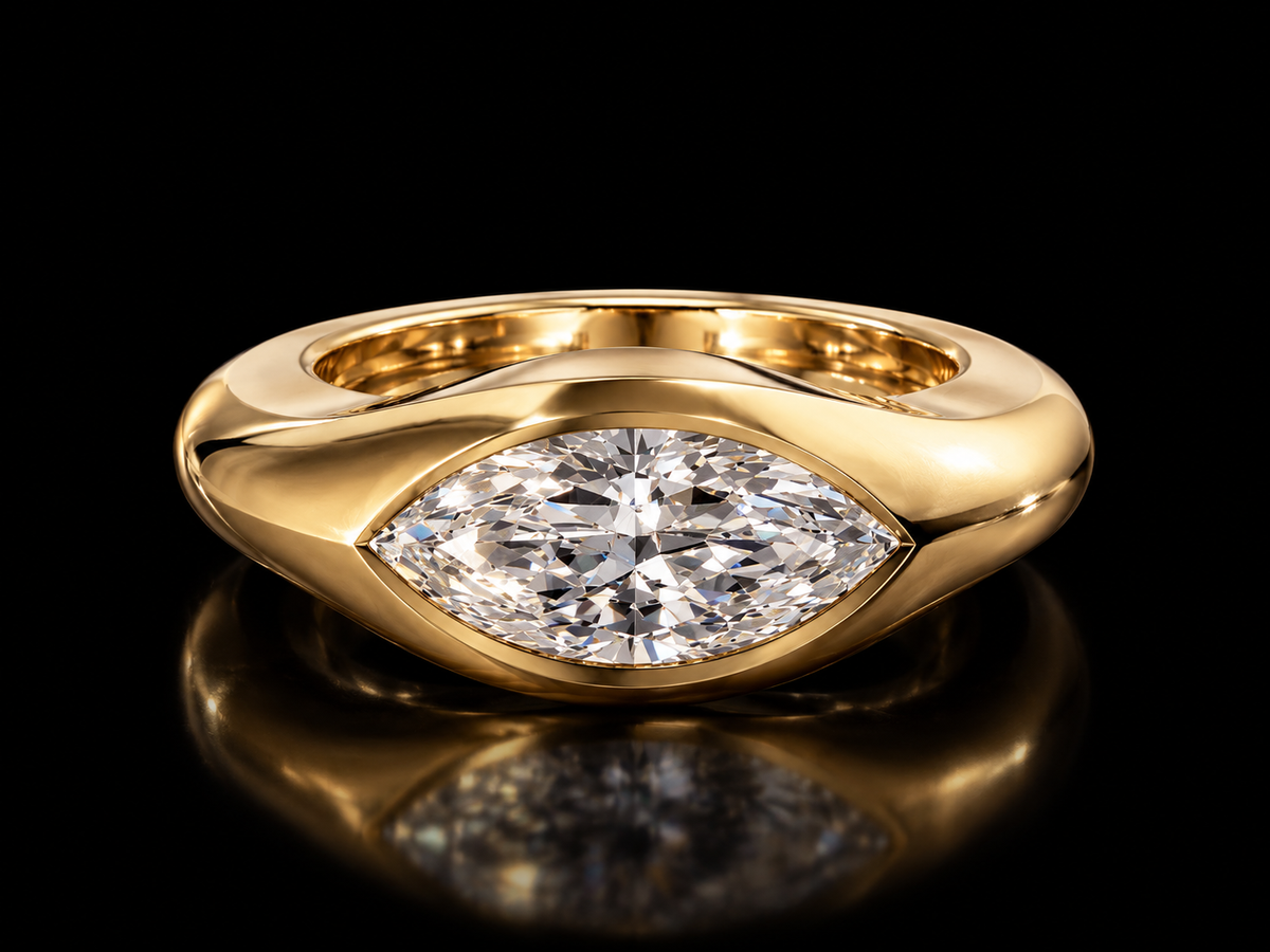 East-west marquise lab-grown diamond signet ring in yellow gold