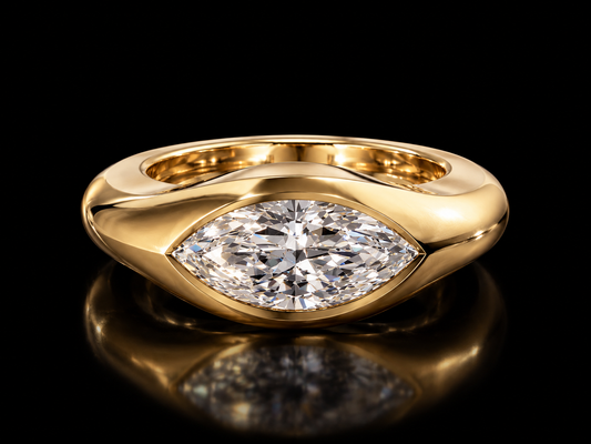 East-west marquise lab-grown diamond signet ring in yellow gold
