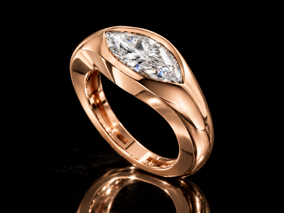 East-west marquise lab-grown diamond signet ring in rose gold, standing view
