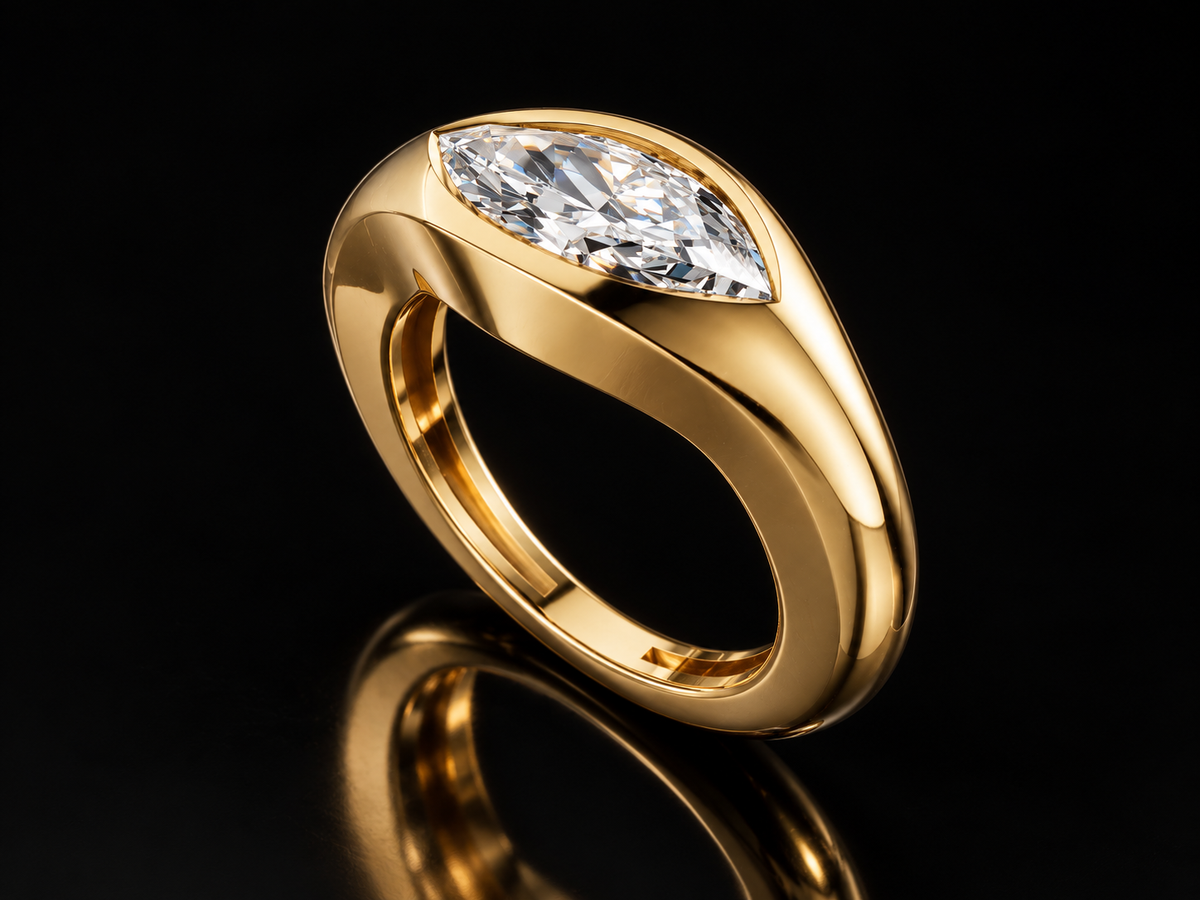 East-west marquise lab-grown diamond signet ring in yellow gold, angled view