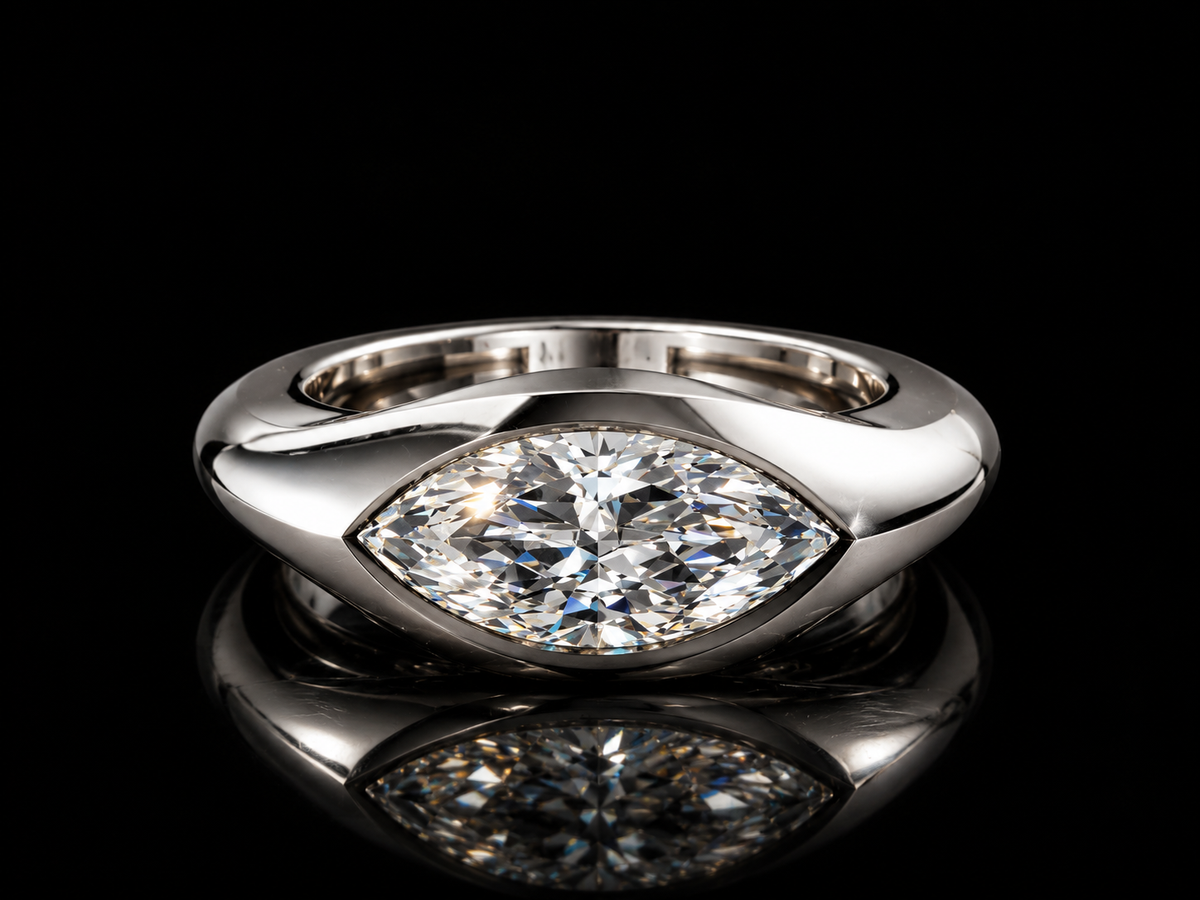 East-west marquise lab-grown diamond signet ring in white gold