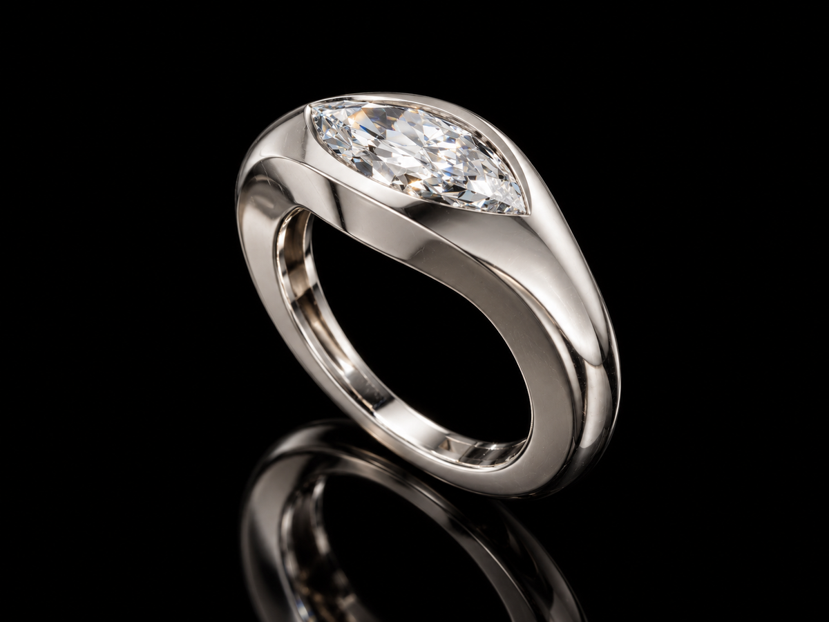 East-west marquise lab-grown diamond signet ring in white gold, angled view