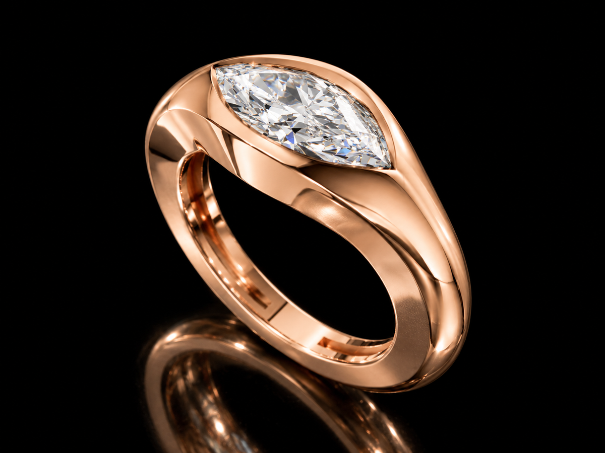East-west marquise lab-grown diamond signet ring in rose gold, angled view