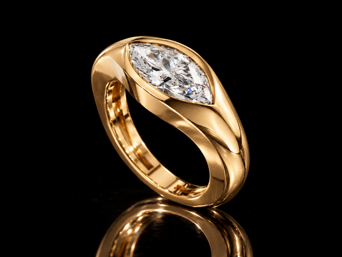 East-west marquise lab-grown diamond signet ring in yellow gold, standing view