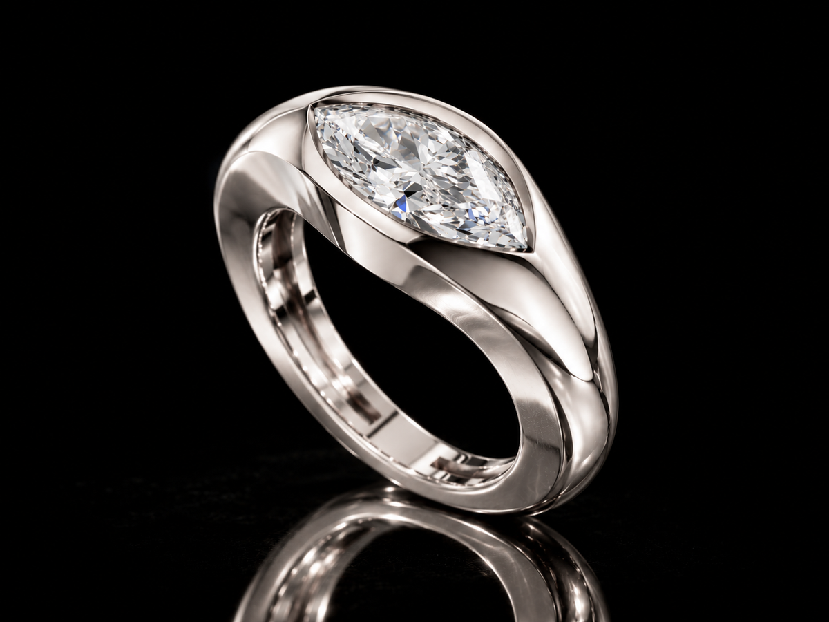 East-west marquise lab-grown diamond signet ring in white gold, standing view