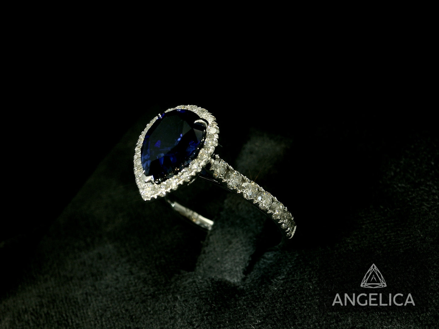 14K WHITE GOLD LAB BLUE SAPPHIRE PEAR SHAPE & DIAMONDS RING