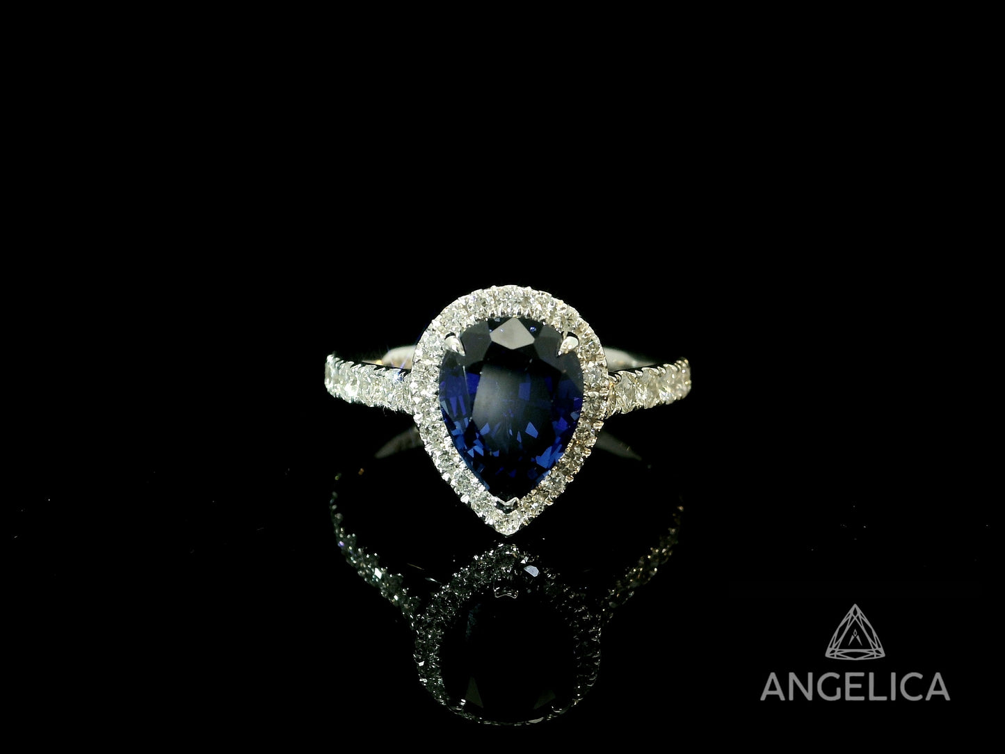 14K WHITE GOLD LAB BLUE SAPPHIRE PEAR SHAPE & DIAMONDS RING