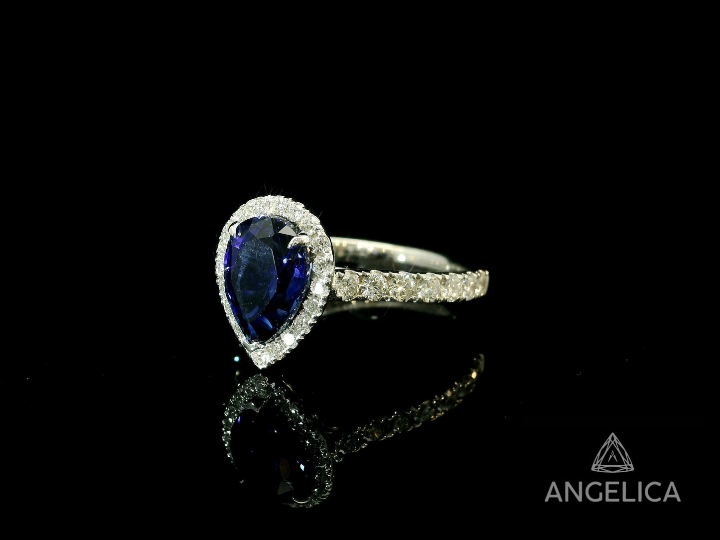 14K WHITE GOLD LAB BLUE SAPPHIRE PEAR SHAPE & DIAMONDS RING