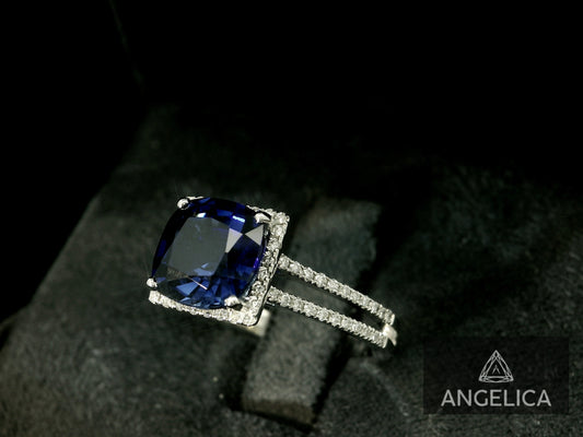 18K WHITE GOLD LAB BLUE SAPPHIRE CUSHION CUT & NATURAL DIAMONDS RING
