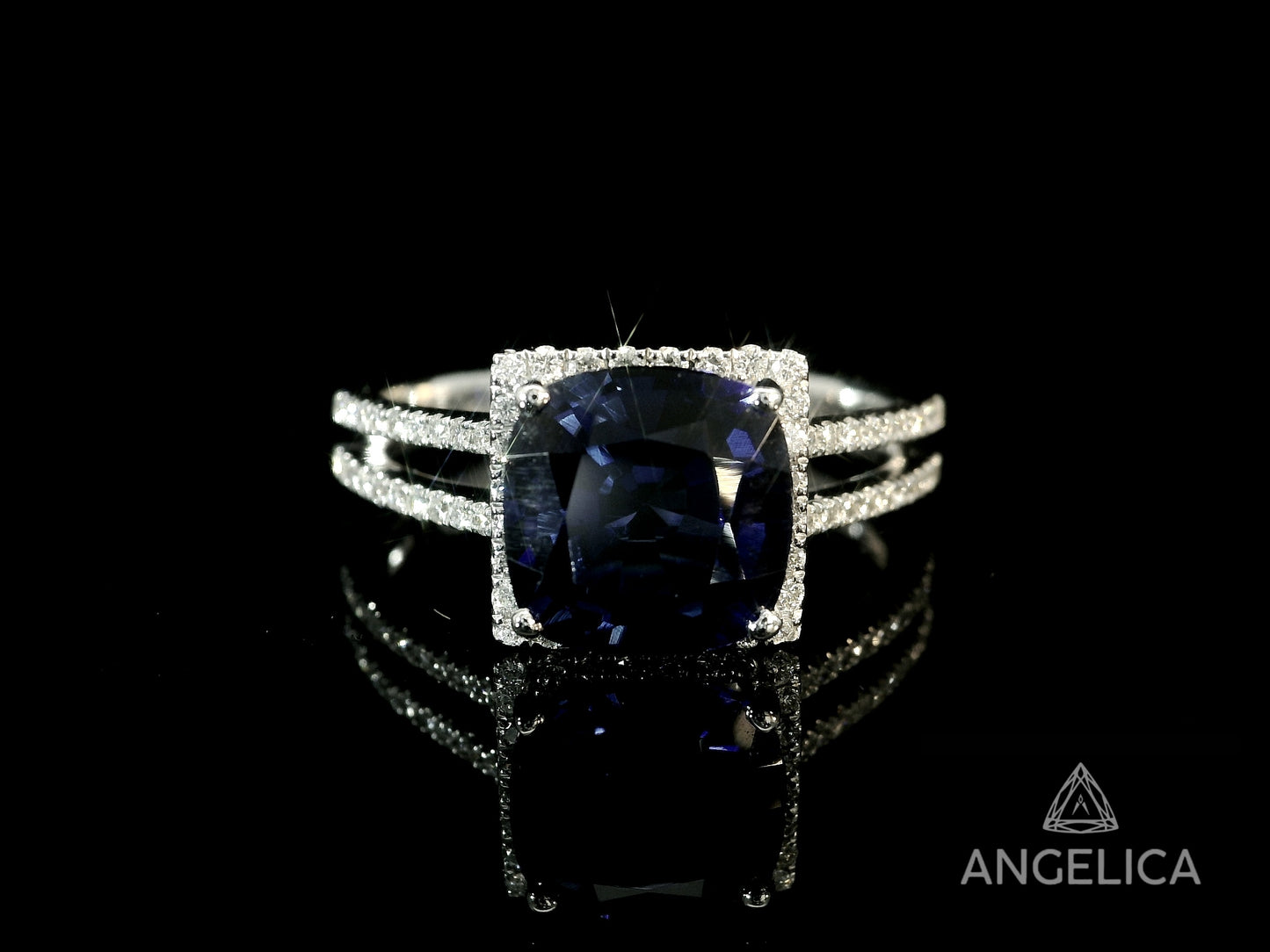 18K WHITE GOLD LAB BLUE SAPPHIRE CUSHION CUT & NATURAL DIAMONDS RING