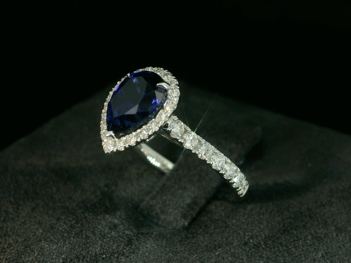 14K WHITE GOLD LAB BLUE SAPPHIRE PEAR SHAPE & LAB DIAMONDS RING