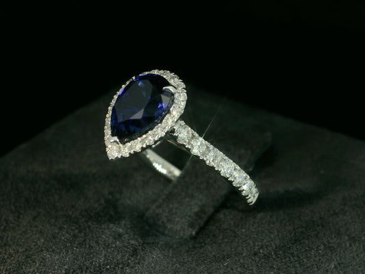 14K WHITE GOLD LAB BLUE SAPPHIRE PEAR SHAPE & LAB DIAMONDS RING
