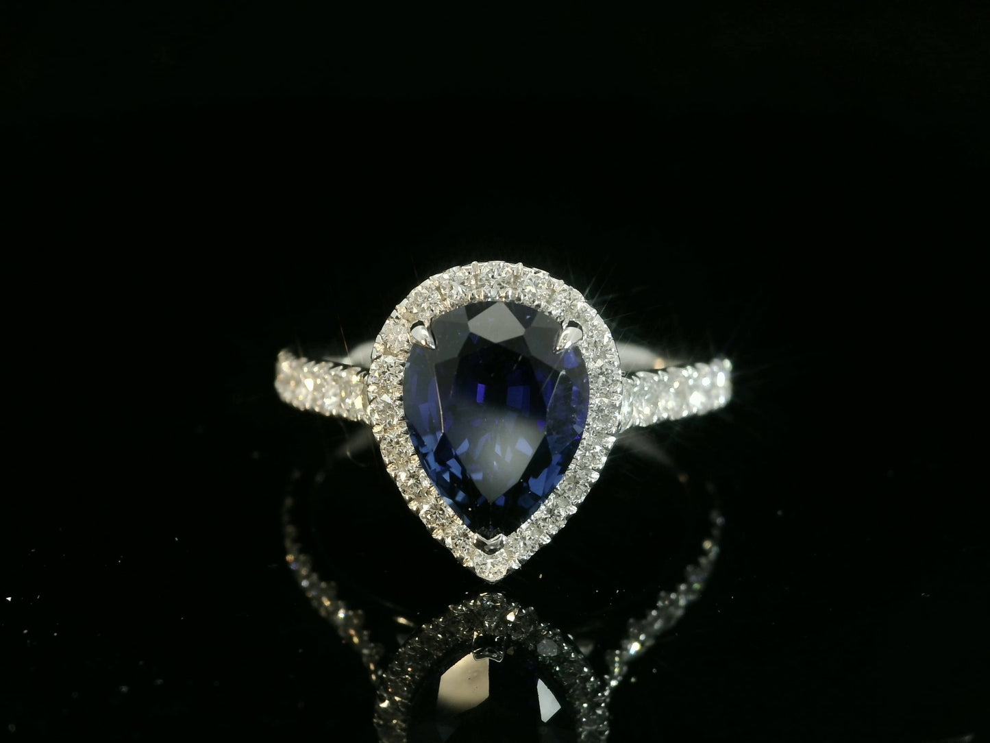 14K WHITE GOLD LAB BLUE SAPPHIRE PEAR SHAPE & LAB DIAMONDS RING