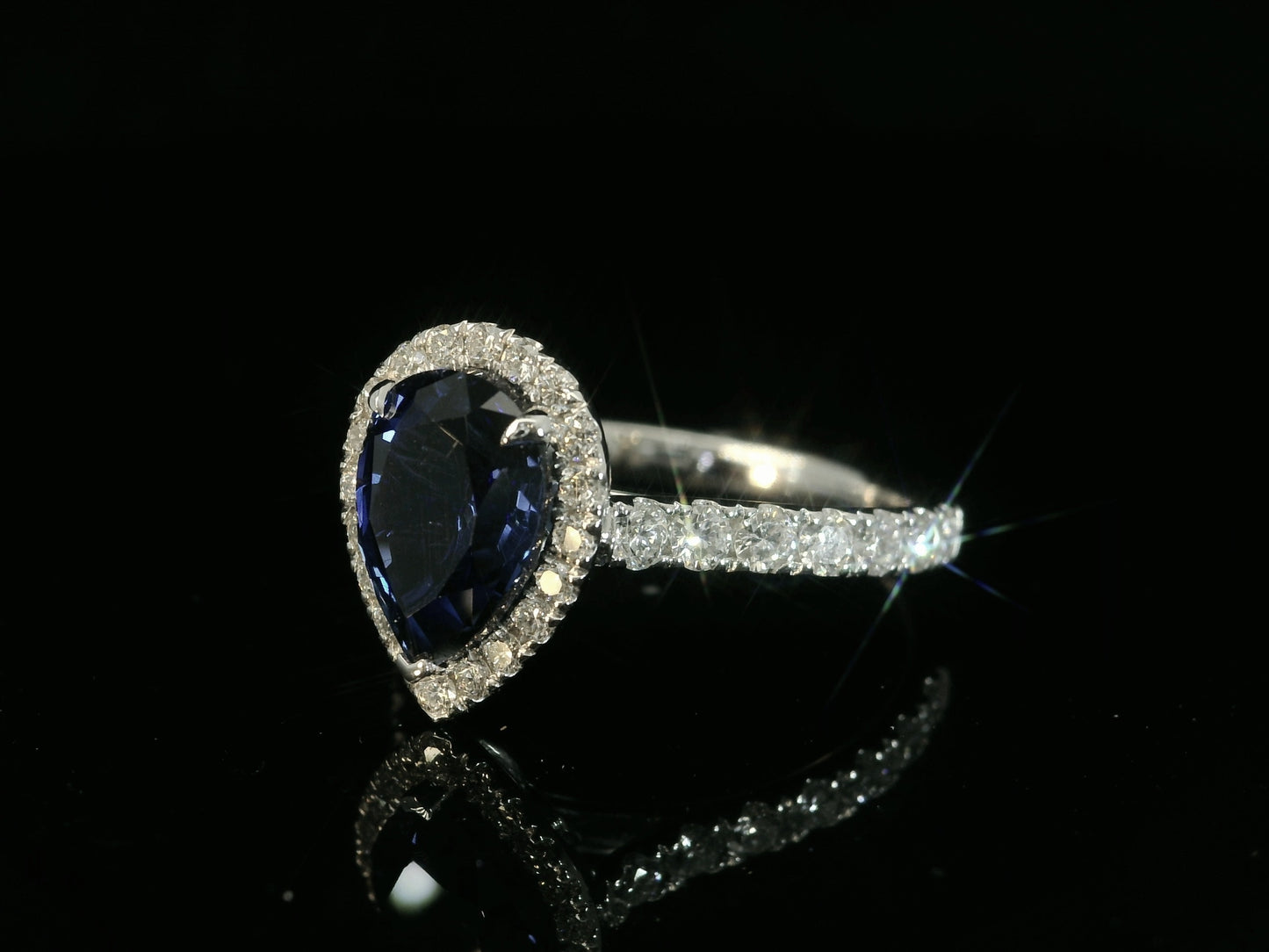 14K WHITE GOLD LAB BLUE SAPPHIRE PEAR SHAPE & LAB DIAMONDS RING