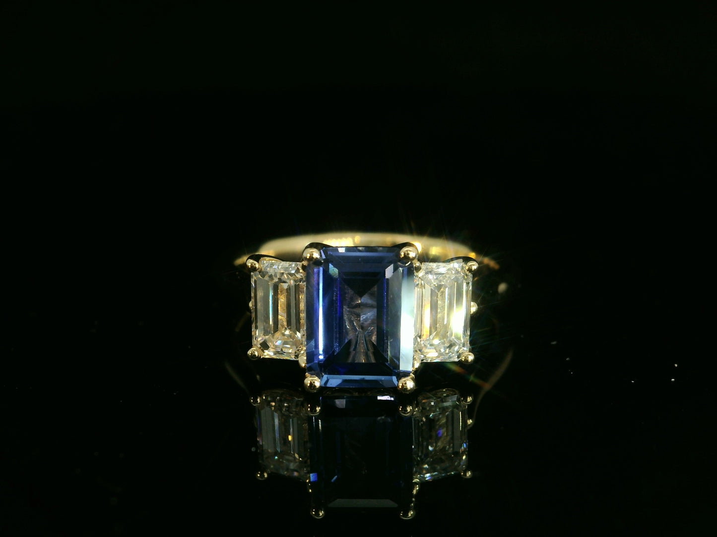 18K YELLOW GOLD LAB BLUE SAPPHIRE EMERALD CUT & LAB DIAMONDS RING