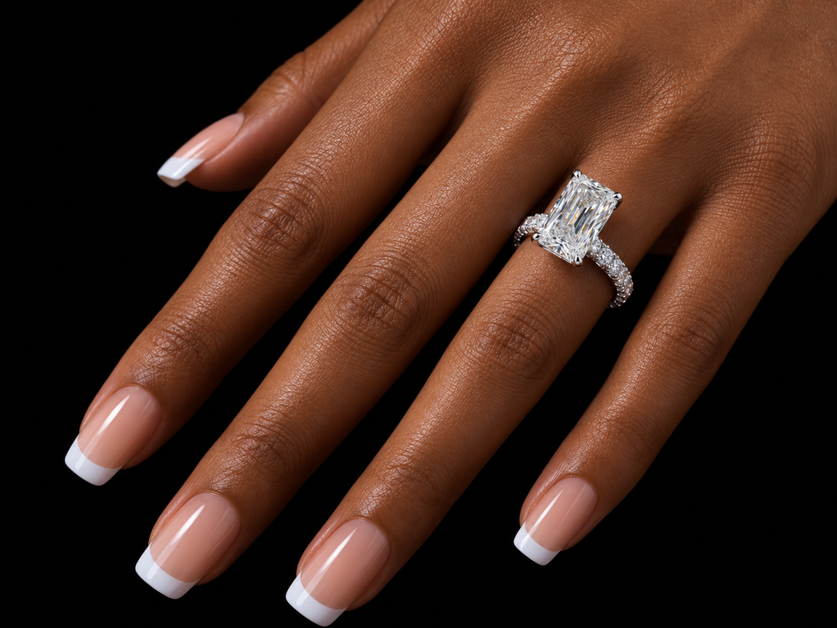 4.40 CT Elongated Radiant Diamond Engagement Ring – E VVS2 | Triple-Row Pavé