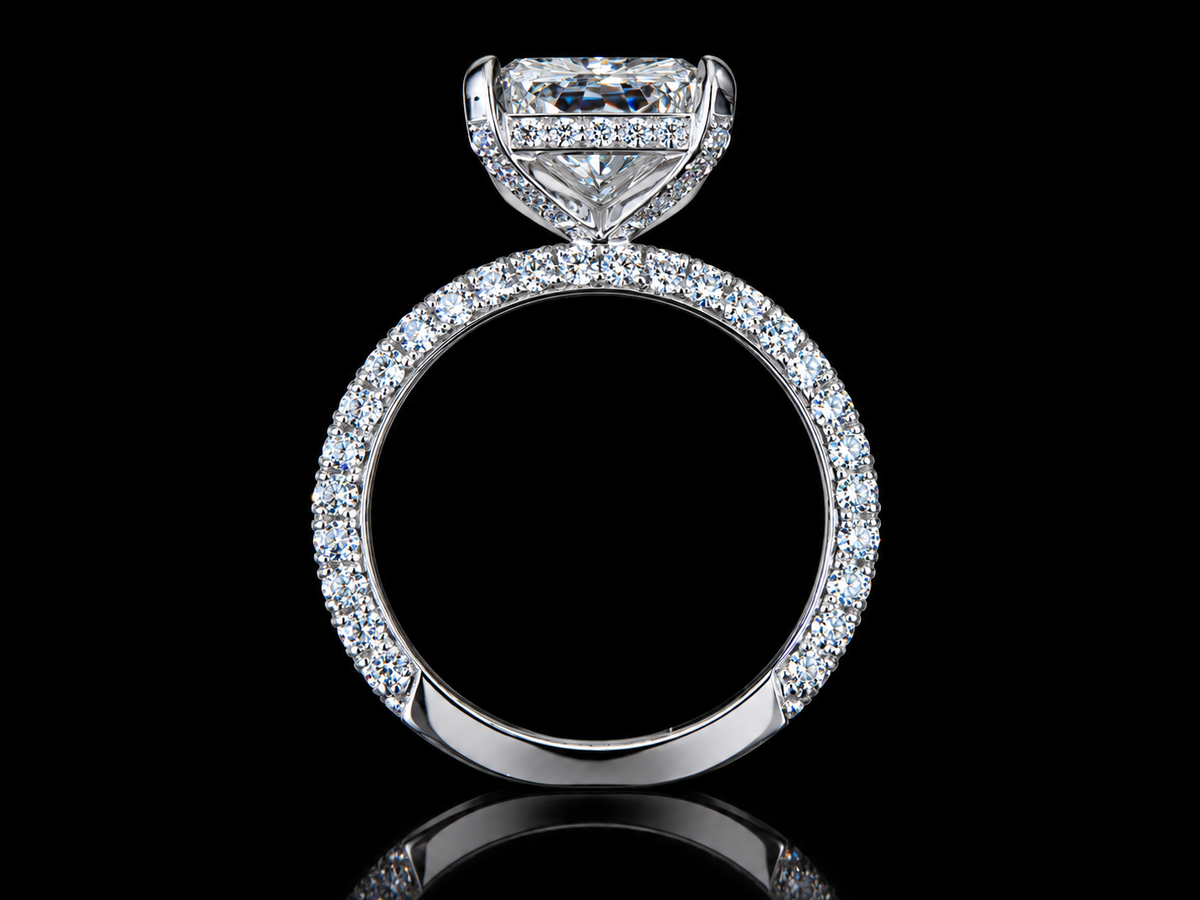 4.40 CT Elongated Radiant Diamond Engagement Ring – E VVS2 | Triple-Row Pavé