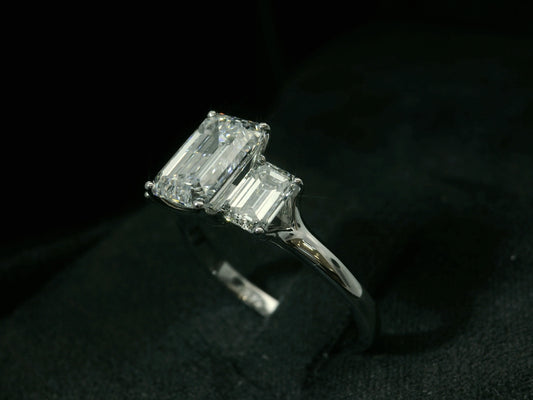 14K WHITE GOLD LAB DIAMOND EMERALD CUT TRINITY RING 3.09CT