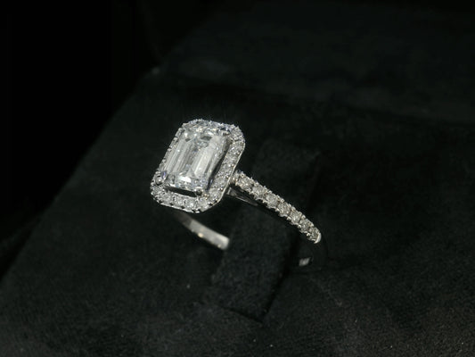 14K WHITE GOLD LAB DIAMOND EMERALD CUT HALO ENGAGEMENT RING 1.40CT