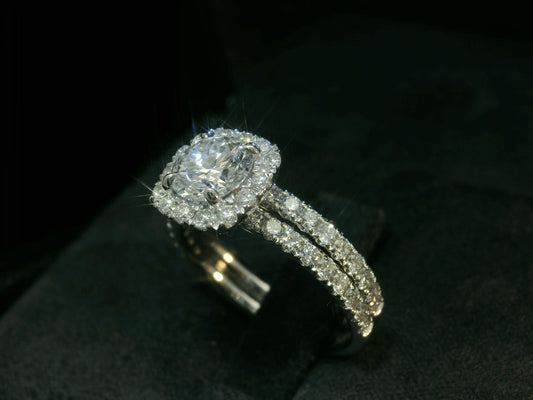 14K WHITE GOLD LAB DIAMOND HALO ROUND CUT ENGAGEMENT RING SET WITH BAND 1.95CT
