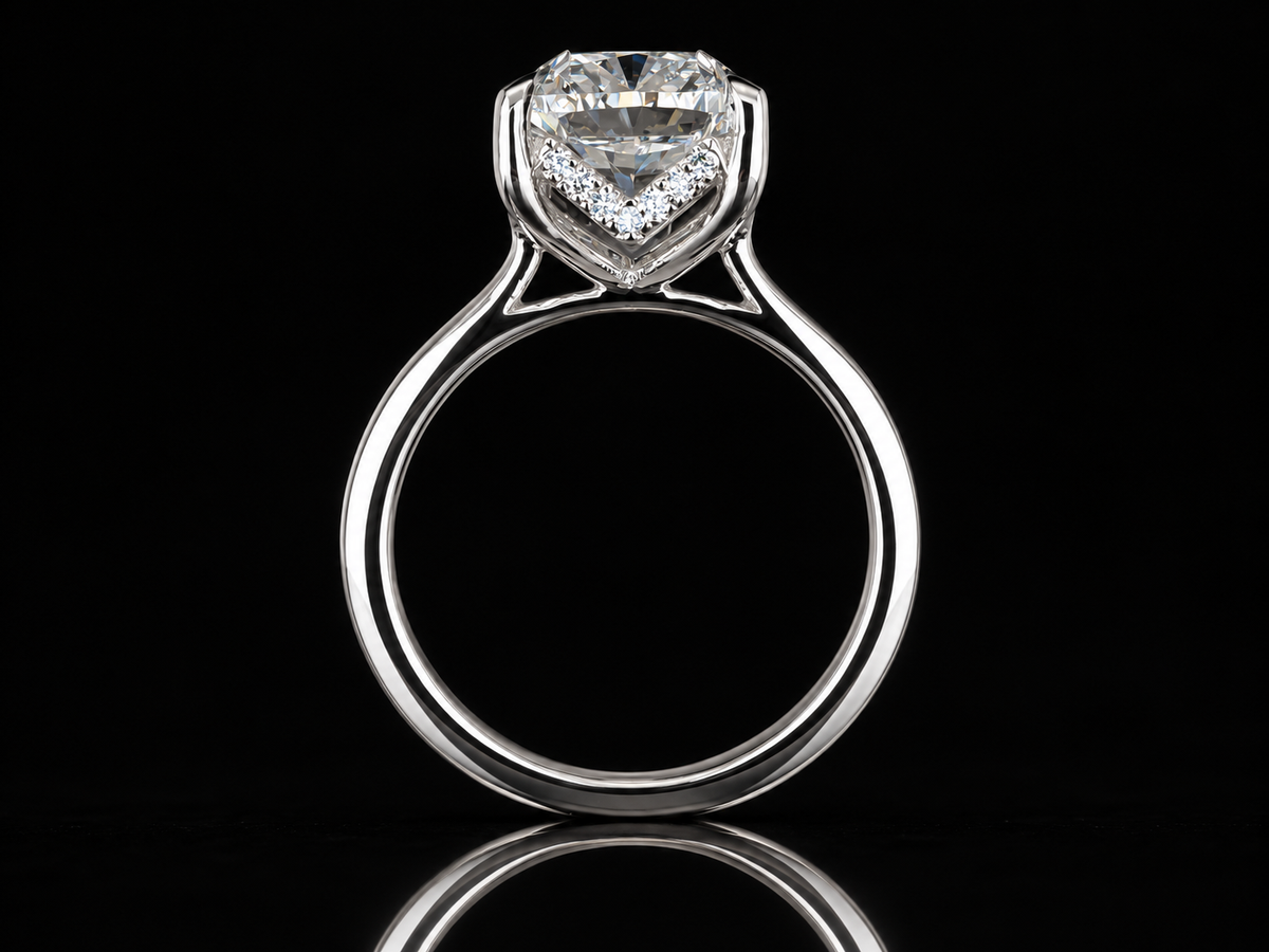 IGI-Certified Cushion Cut Diamond Engagement Ring with Hidden Chevron Halo
