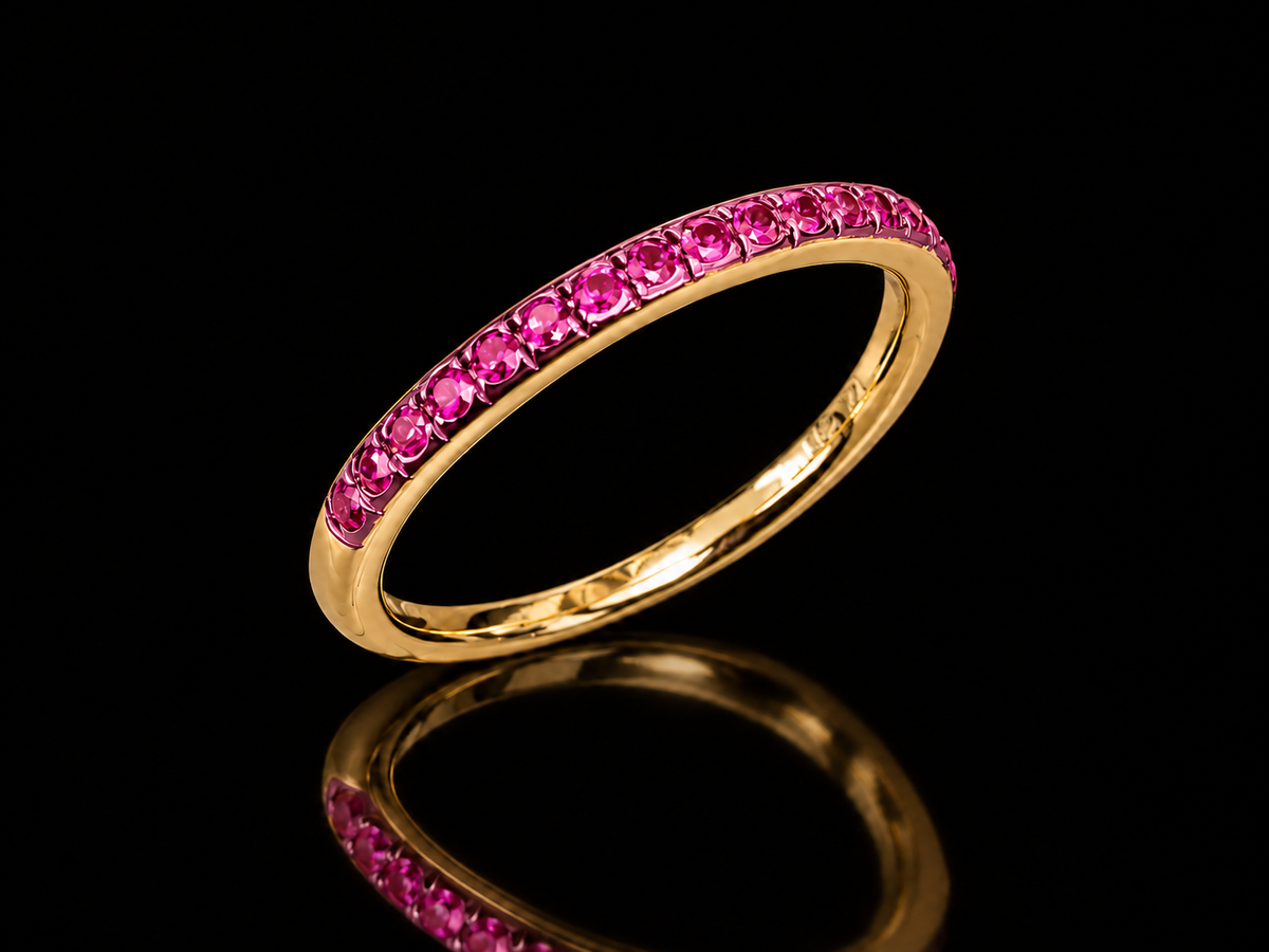 14K Yellow Gold Pink Sapphires and Pink Rhodium Stackable Band