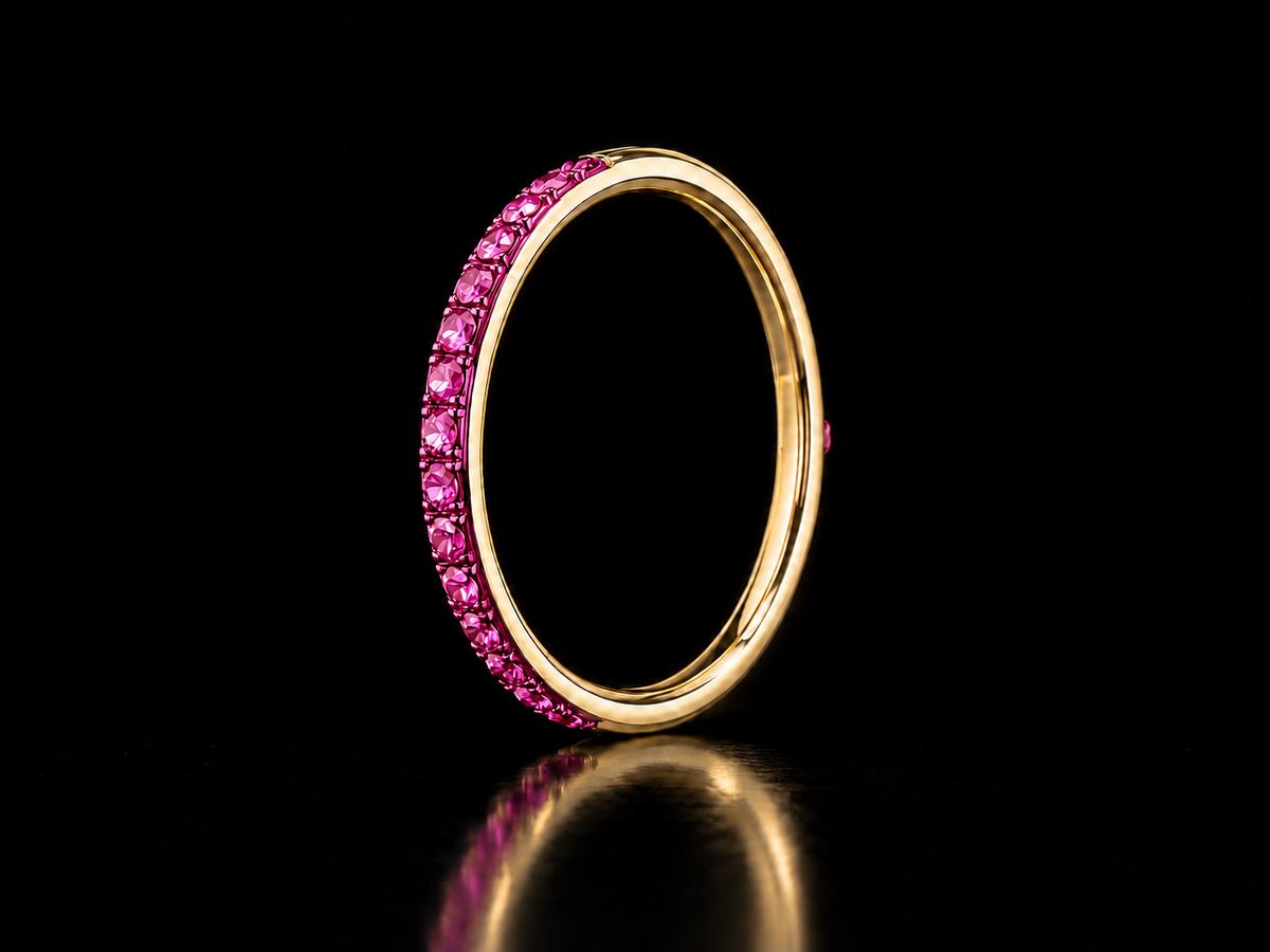 14K Yellow Gold Pink Sapphires and Pink Rhodium Stackable Band