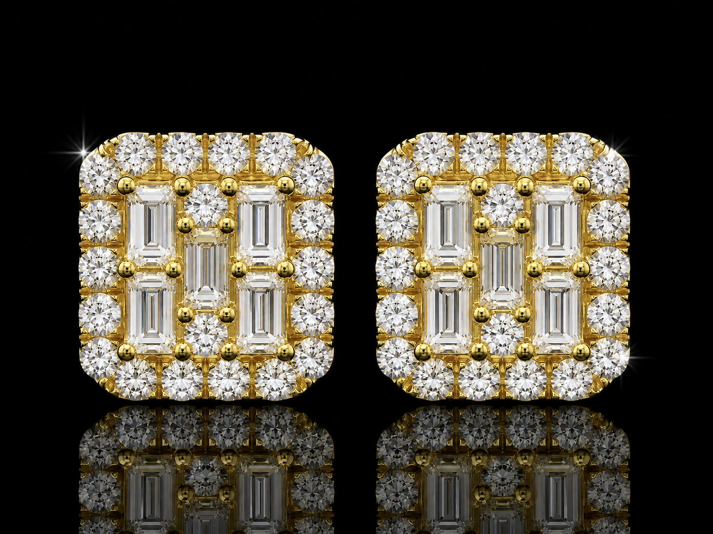 14K YELLOW GOLD BAGUETTE & ROUND VVS F+ DIAMOND EARRINGS