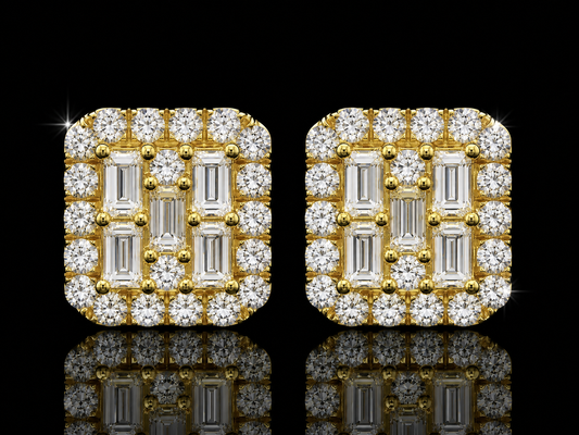 14K YELLOW GOLD BAGUETTE & ROUND VVS F+ DIAMOND EARRINGS
