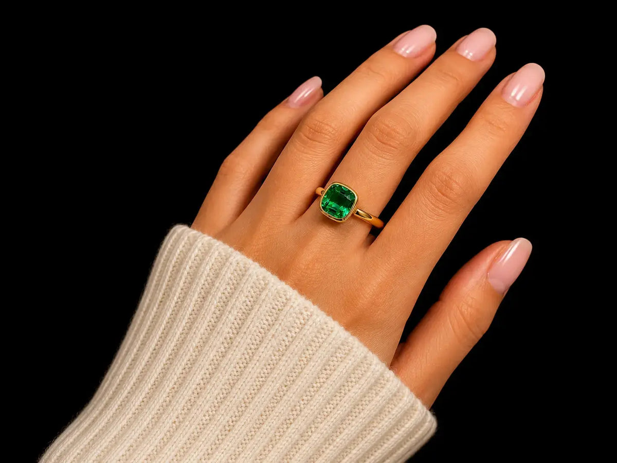 18K Yellow Gold Lab Green Emerald Cushion Cut Ring – 2.06 CT Angelica Jewellers