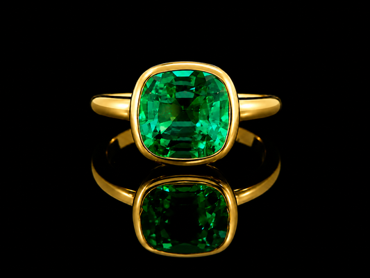 18K Yellow Gold Lab Green Emerald Cushion Cut Ring – 2.06 CT Angelica Jewellers