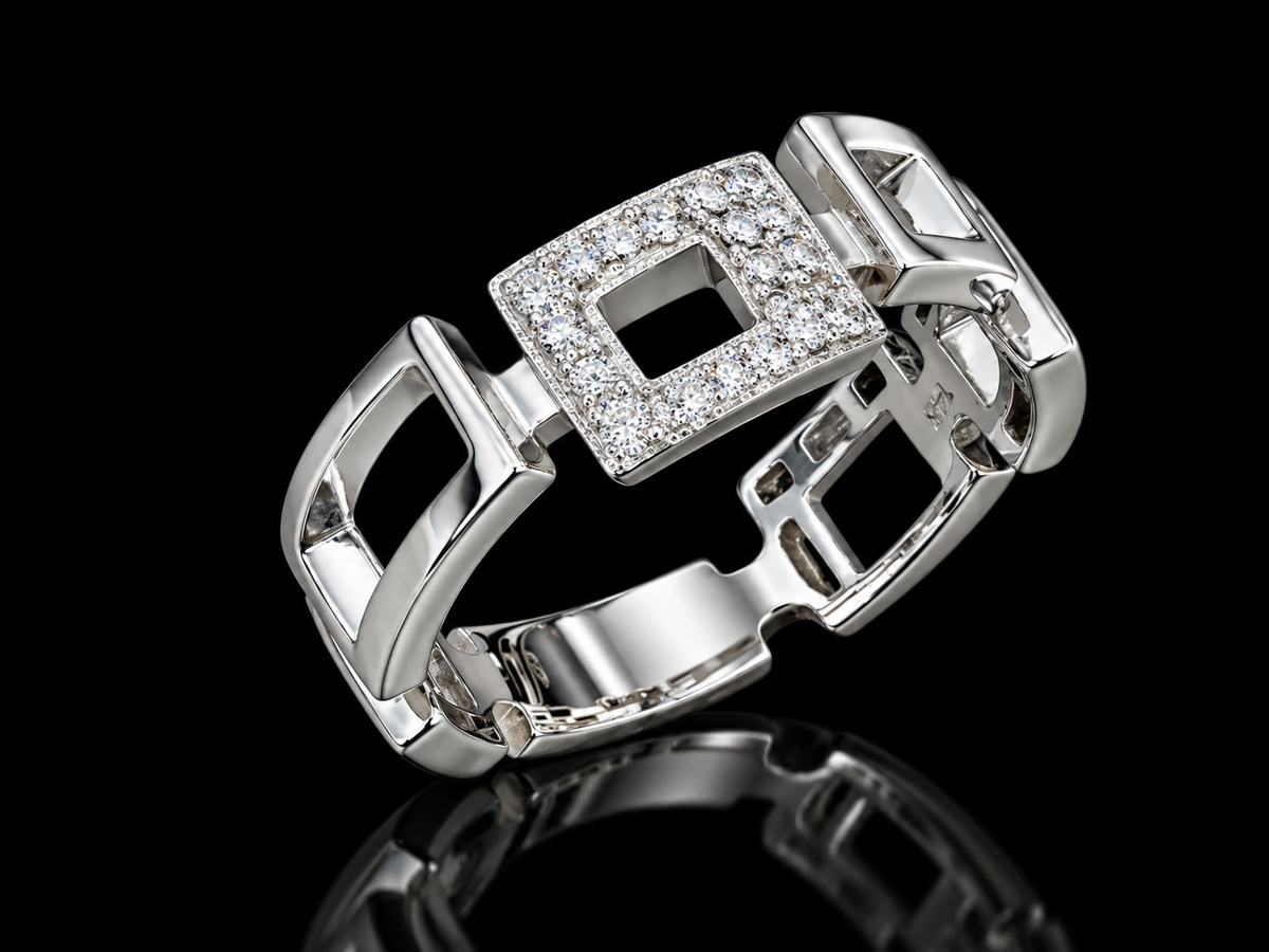 14K White Gold Geometric Open-Square Diamond Ring – 0.20 CT