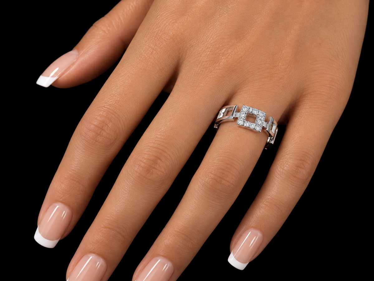 14K White Gold Geometric Open-Square Diamond Ring – 0.20 CT