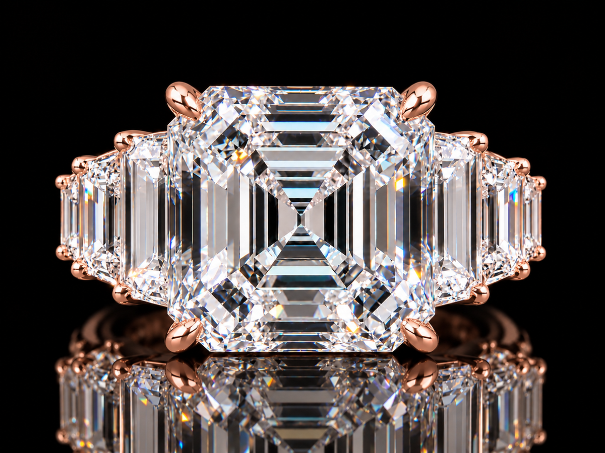 Asscher-Cut Diamond Engagement Ring with Trapezoid & Baguette Side Diamonds