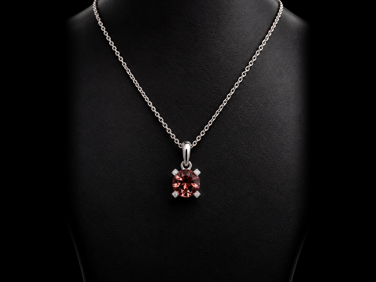 18K White Gold 1.50 CT Round Pink Topaz & Natural Diamond Pendant Necklace