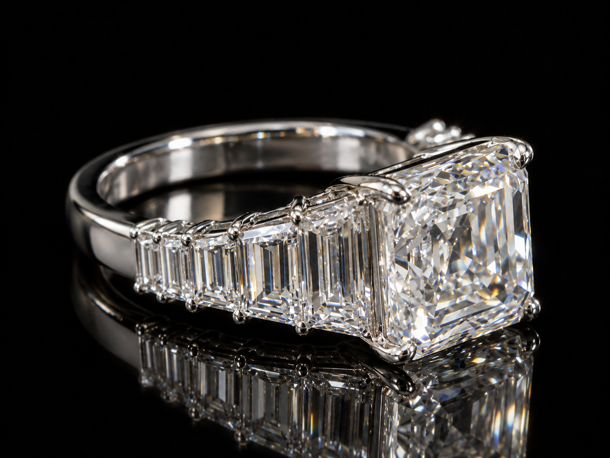 Asscher-Cut Diamond Engagement Ring with Trapezoid & Baguette Side Diamonds
