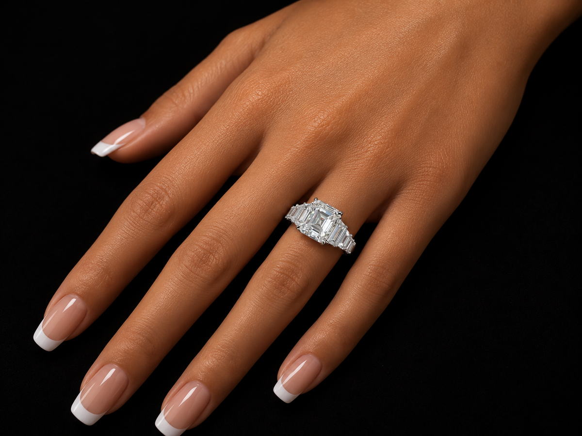 Asscher-Cut Diamond Engagement Ring with Trapezoid & Baguette Side Diamonds