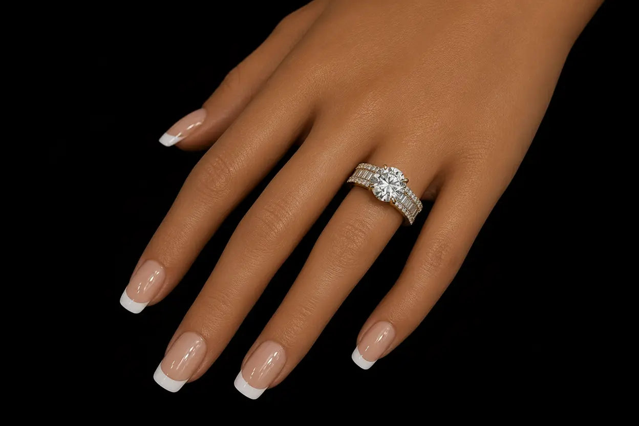 14K Gold 3.00 Carat Round Lab-Grown Diamond Engagement Ring | VS1 E | 1.00 CTW Baguette & Round Side Diamonds Angelica Jewellers