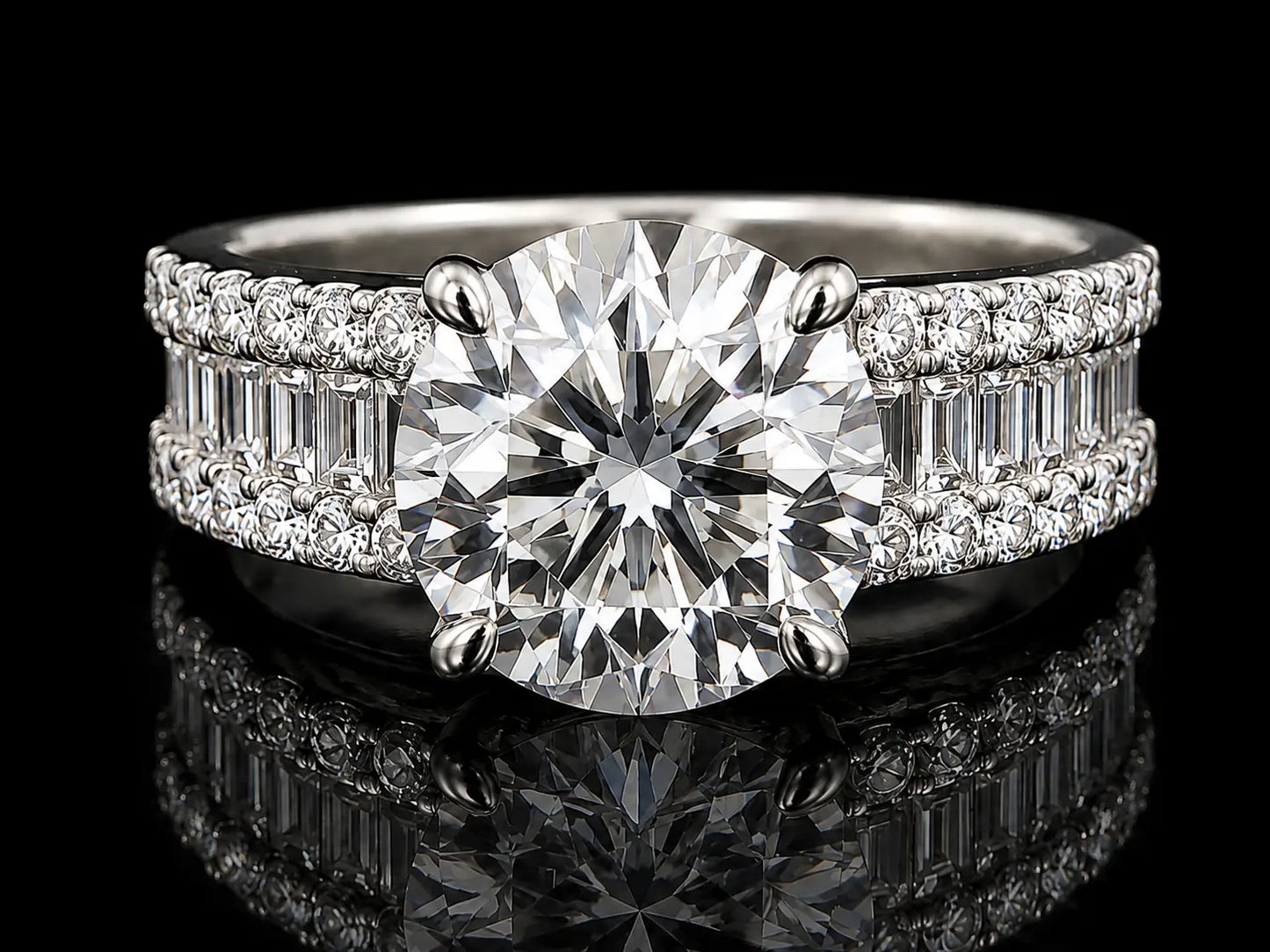 14K Gold 3.00 Carat Round Lab-Grown Diamond Engagement Ring | VS1 E | 1.00 CTW Baguette & Round Side Diamonds Angelica Jewellers