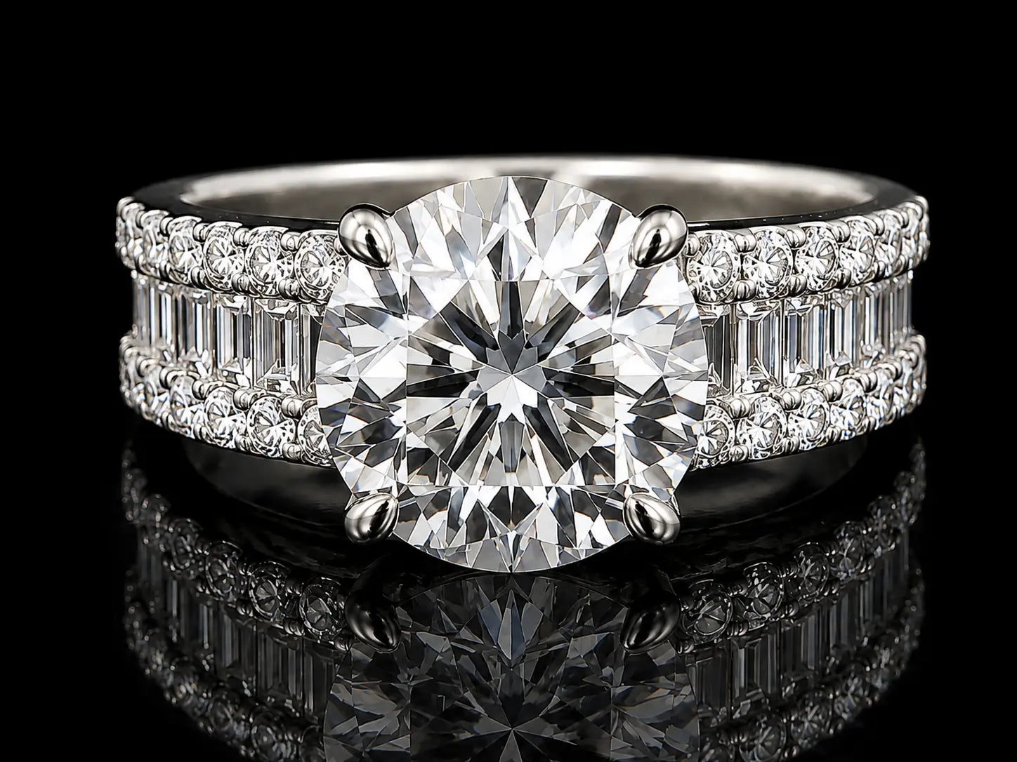 14K Gold 3.00 Carat Round Lab-Grown Diamond Engagement Ring | VS1 E | 1.00 CTW Baguette & Round Side Diamonds Angelica Jewellers