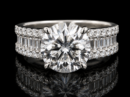 14K Gold 3.00 Carat Round Lab-Grown Diamond Engagement Ring | VS1 E | 1.00 CTW Baguette & Round Side Diamonds Angelica Jewellers