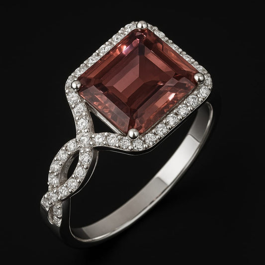 18KT WHITE GOLD ENGAGEMENT RING SET WITH A PINK TOURMALINE AND DIAMONDS