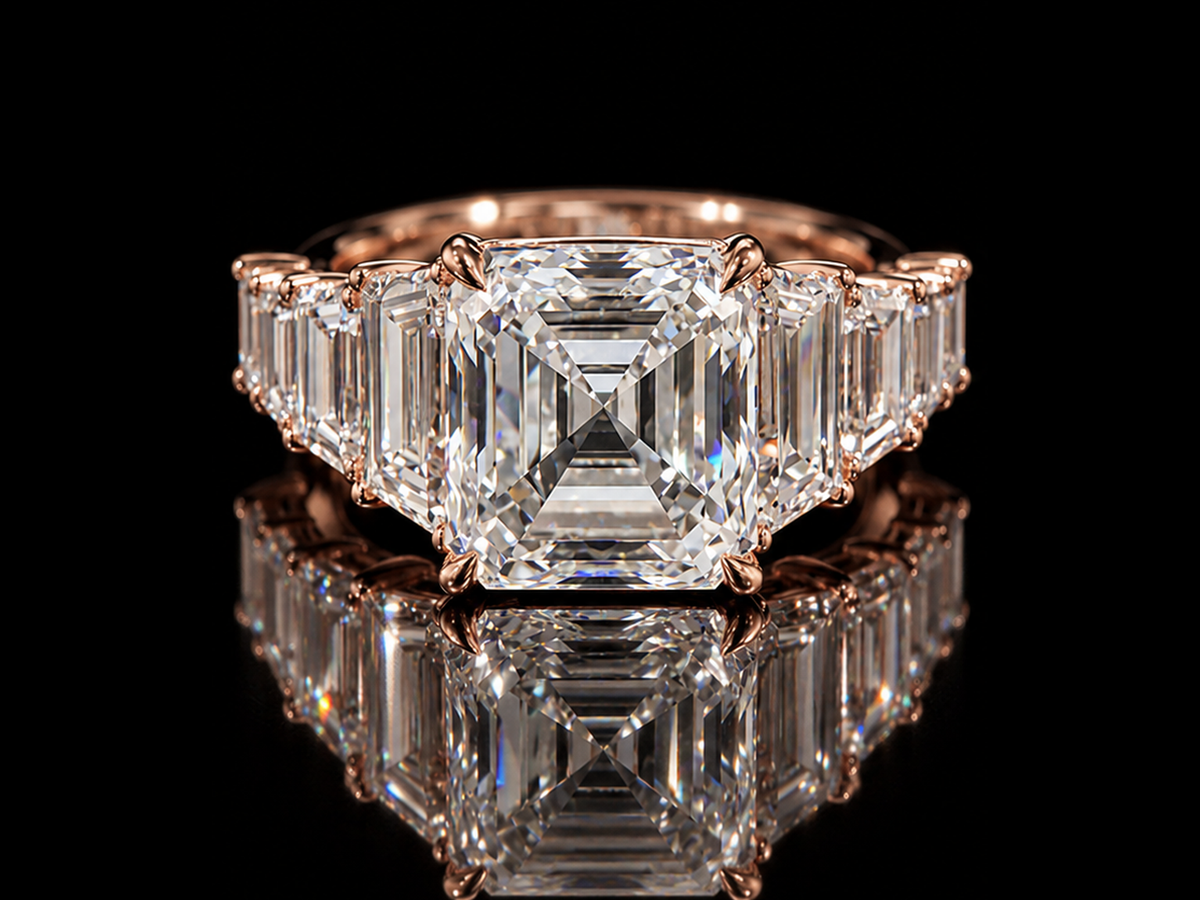 Asscher-Cut Diamond Engagement Ring with Trapezoid & Baguette Side Diamonds