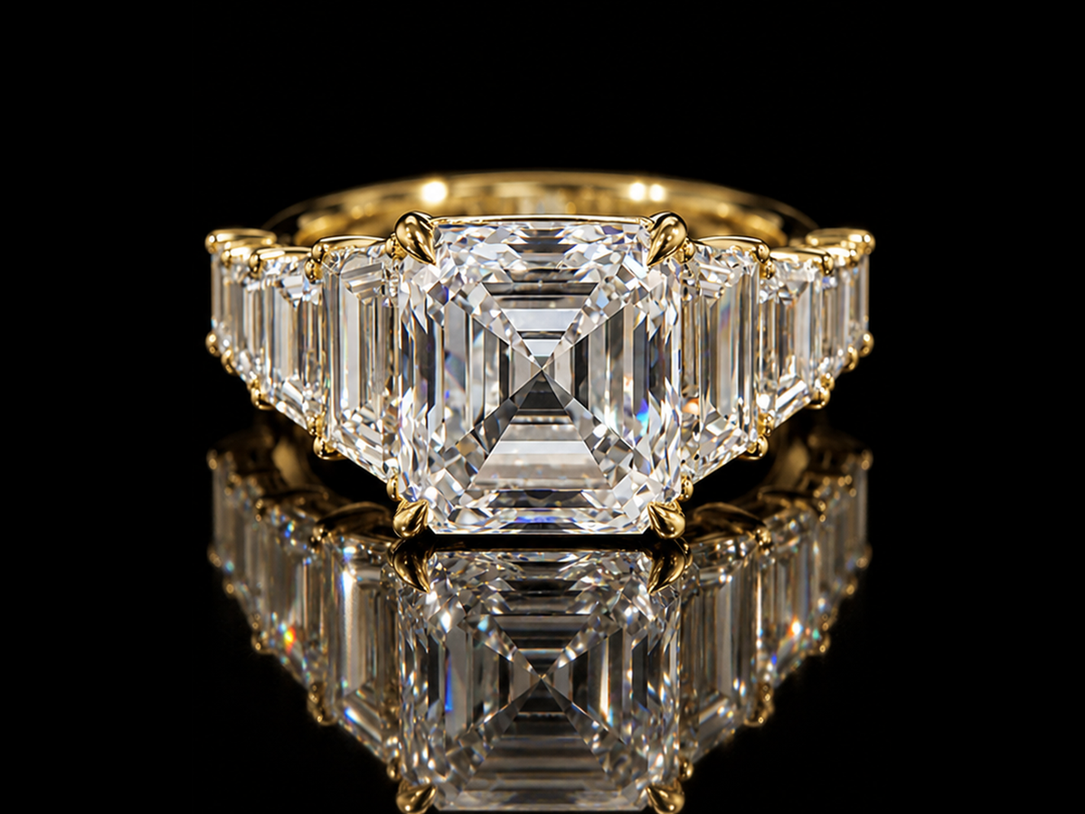 Asscher-Cut Diamond Engagement Ring with Trapezoid & Baguette Side Diamonds